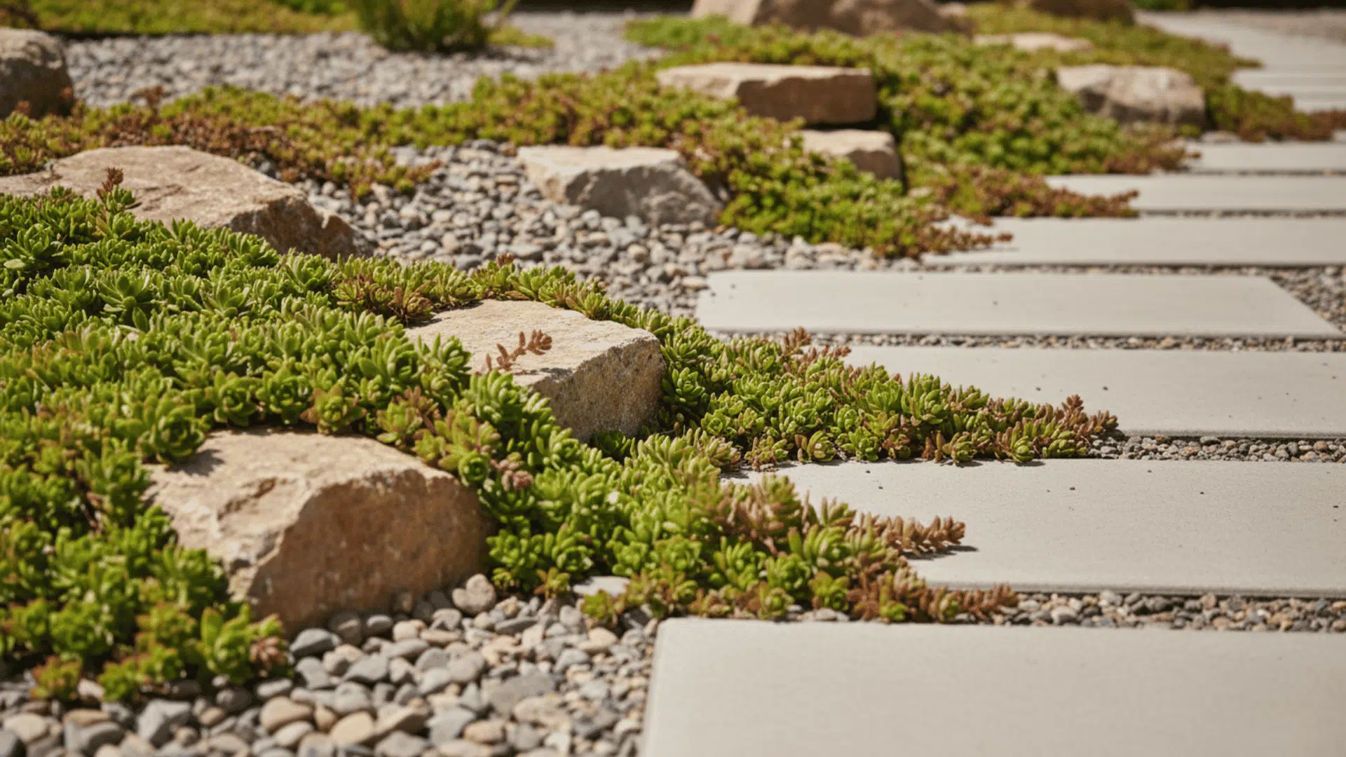 Sedum thick green sedum plants growing between rocks in sunny drought tolerant garden
