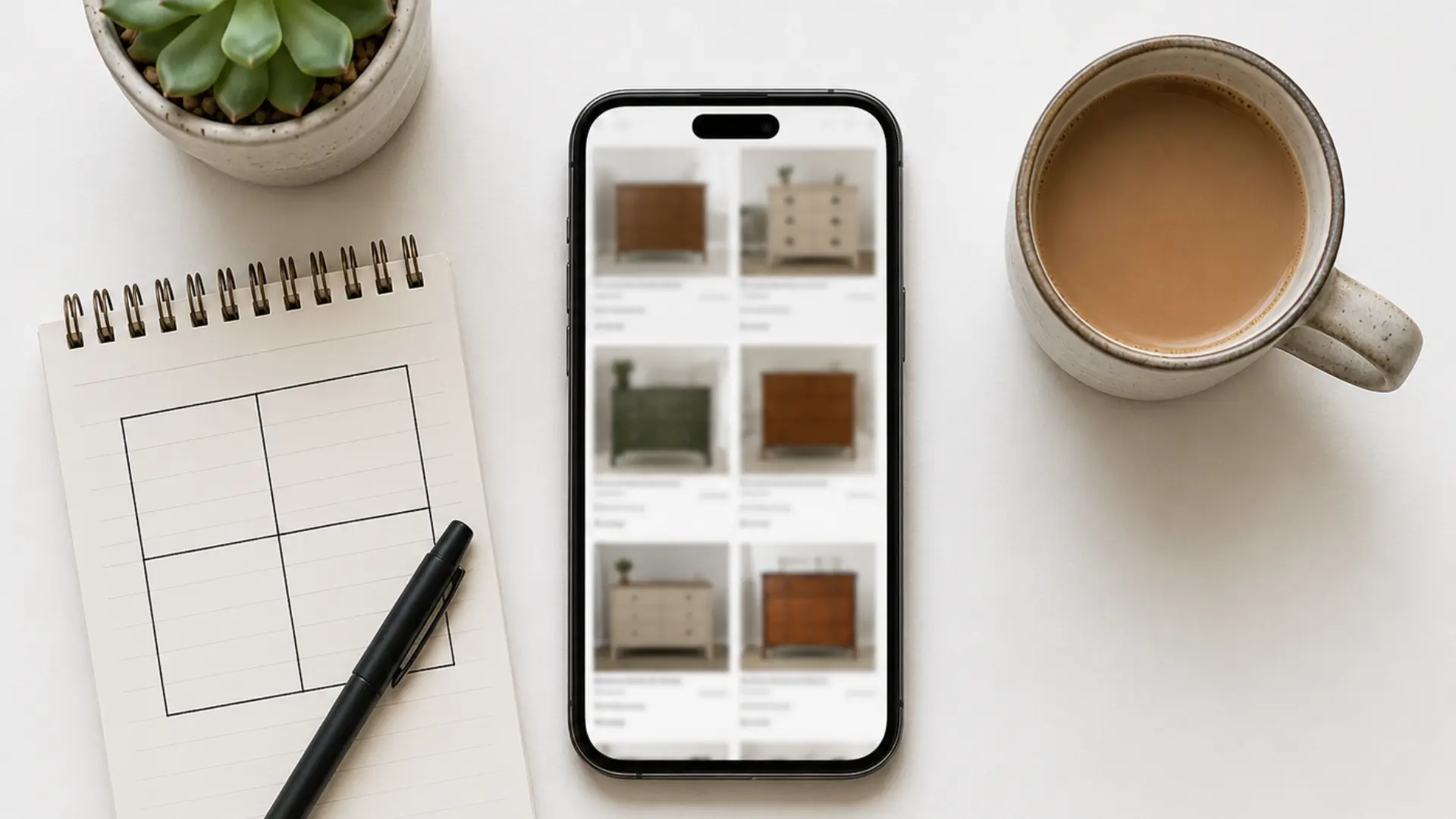 a top-down flat lay on a clean white desk surface showing a smartphone lying flat in the center displaying a blurred furniture marketplace style grid of completely unreadable thumbnail images, surrounded by a small notepad with a hand drawn simple grid of four squares representing different selling platforms with no words written inside, a pen resting diagonally across the notepad, and a cup of coffee and a small succulent plant completing the composition under soft even natural light