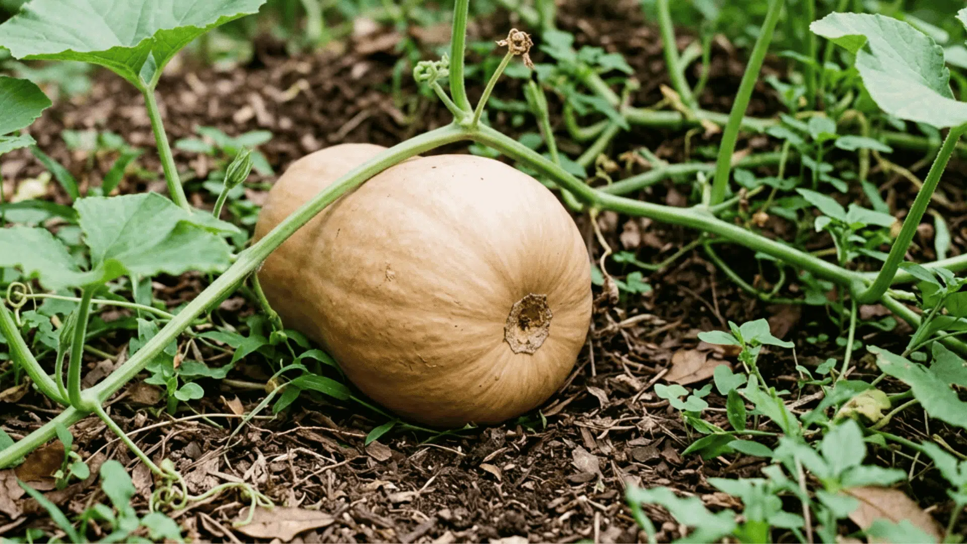seminole pumpkin growing on dark garden soil surrounded by green vines curling tendrils and broad leaves