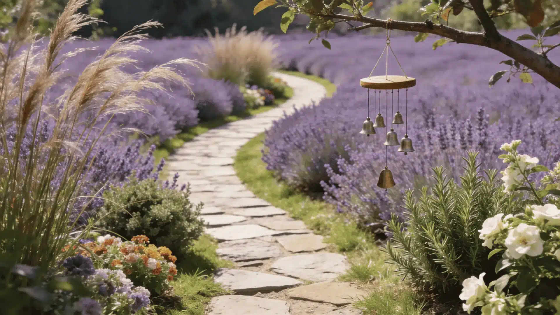 lavender garden path with hanging wind chimes tall grasses rosemary white flowers and purple blooms in sunlight
