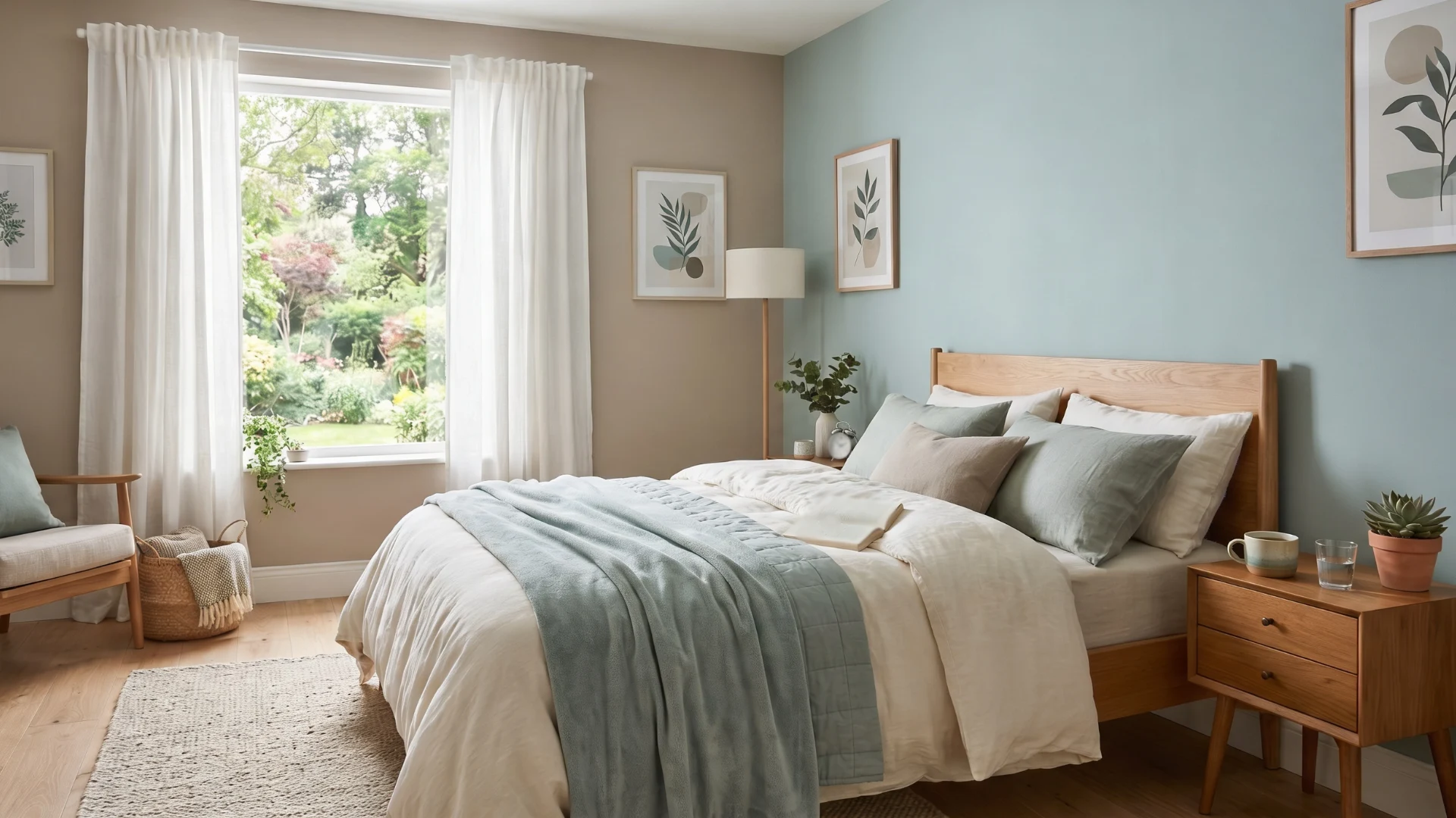 Serene bedroom with a wooden bed, light blue and beige linens, soft natural light from a large window overlooking a garden, and contemporary artwork on muted walls