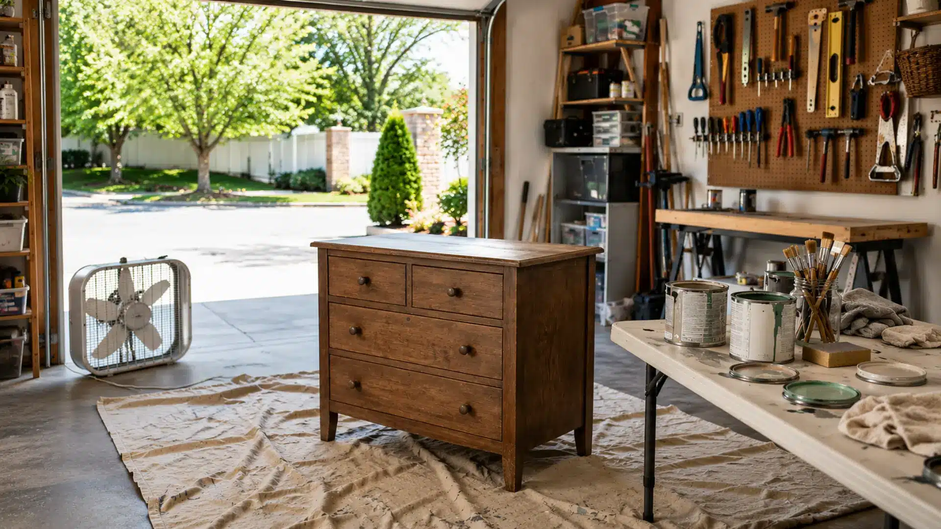 a wide lifestyle photograph of a well organized home garage workspace set up for furniture flipping, featuring a wooden dresser centered on a canvas drop cloth, an open garage door flooding the space with natural daylight, paint cans with open lids, a jar of brushes, a sanding block, and neatly arranged rags on a folding side table, with a box fan positioned for ventilation and pegboard tool storage visible on the walls