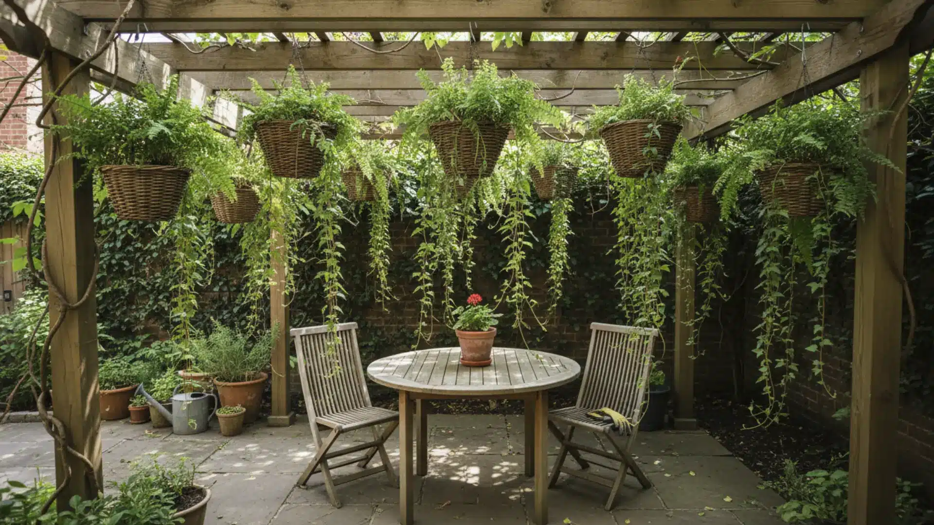 several hanging baskets with trailing ferns and cascading ivy at different heights hanging from a wooden pergola over a small patio with a table below in dappled natural light