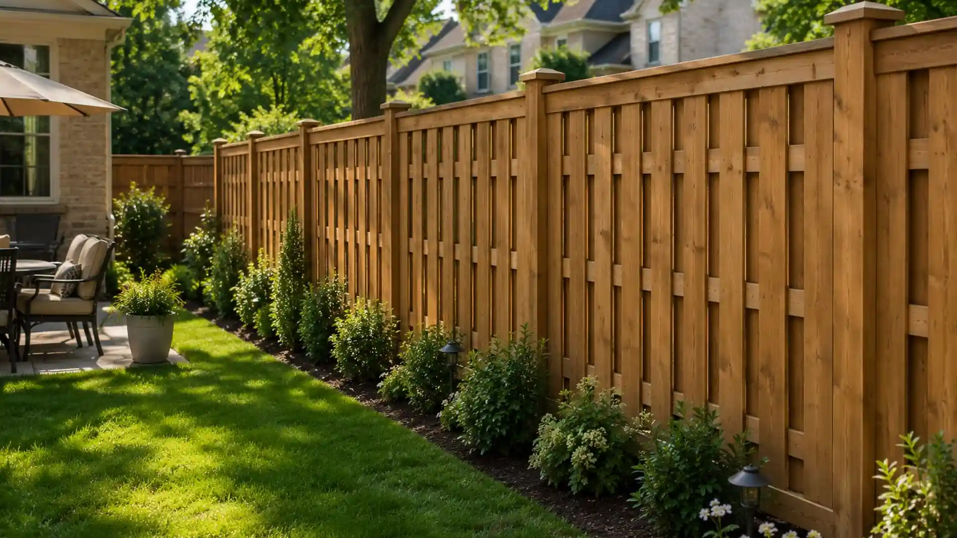 traditional suburban backyard with shadowbox wood fence, green lawn, shrubs, and warm afternoon sunlight filtering through trees