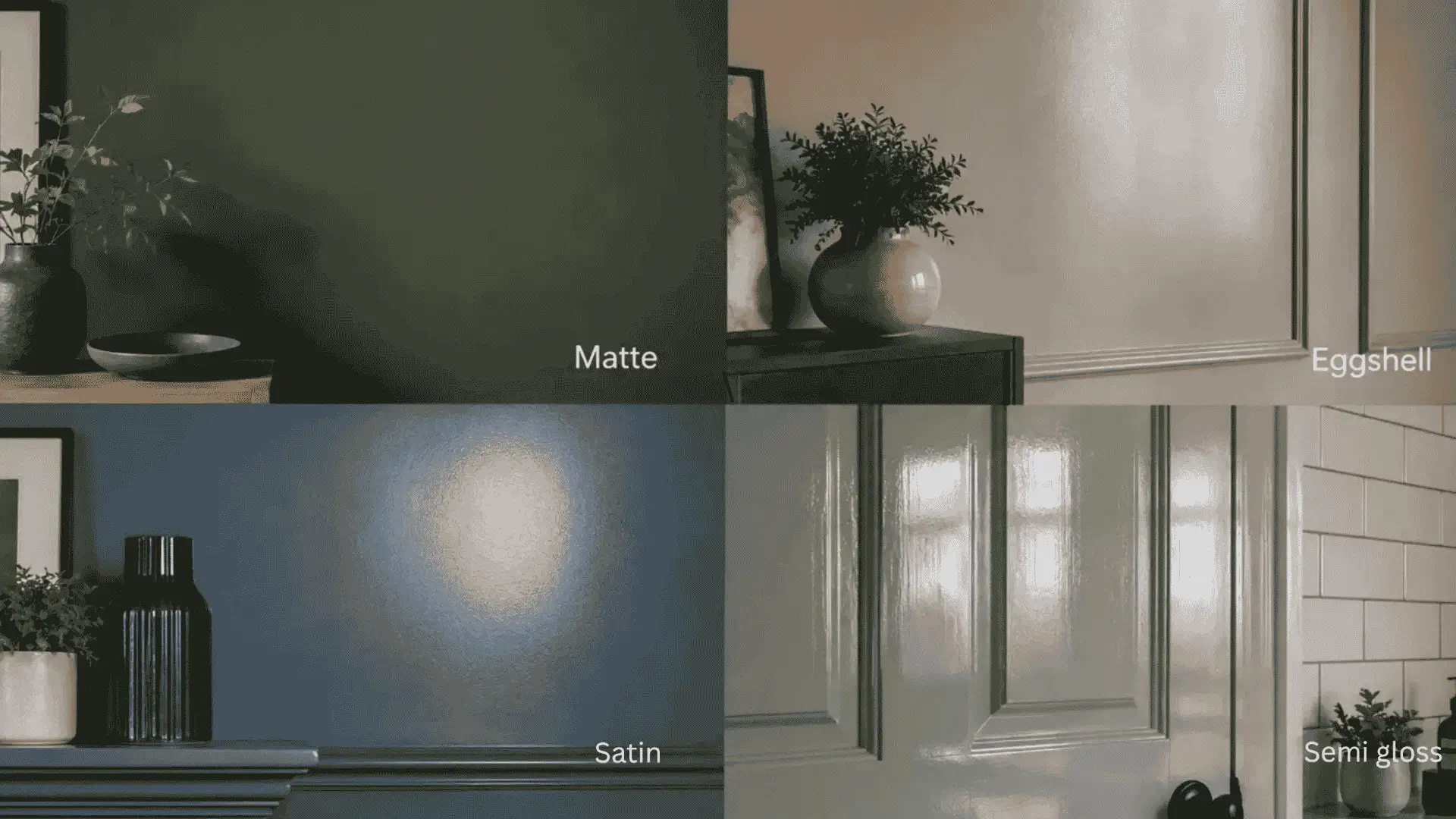 sheen and finish quick guide comparing matte eggshell satin and semi gloss paint finishes side by side
