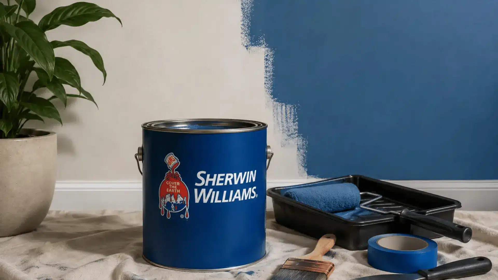 sherwin williams paint can with roller tray brush and tape beside a wall being painted blue