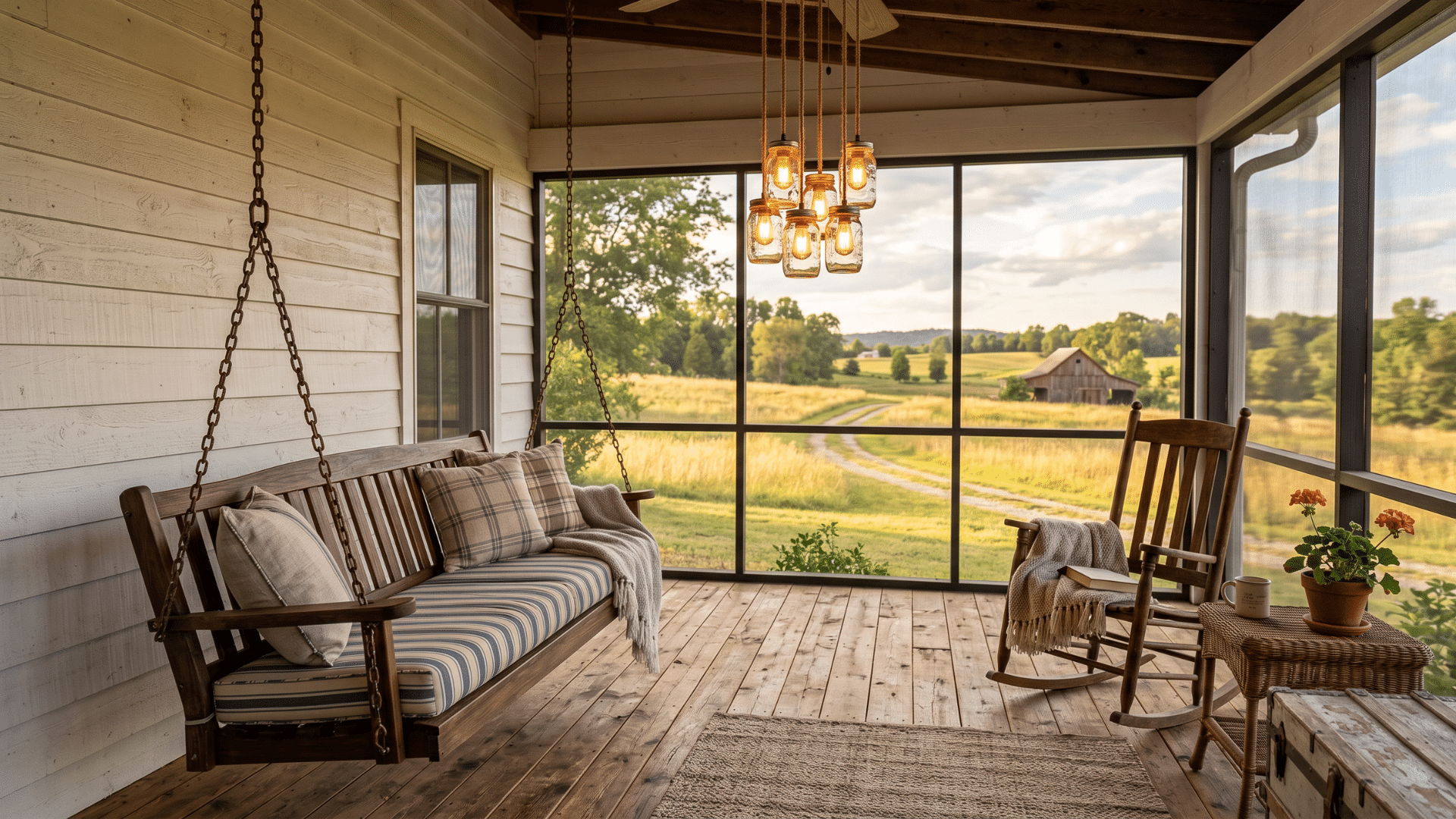 shiplap walls, a porch swing, and mason jar lights give this style a relaxed country charm