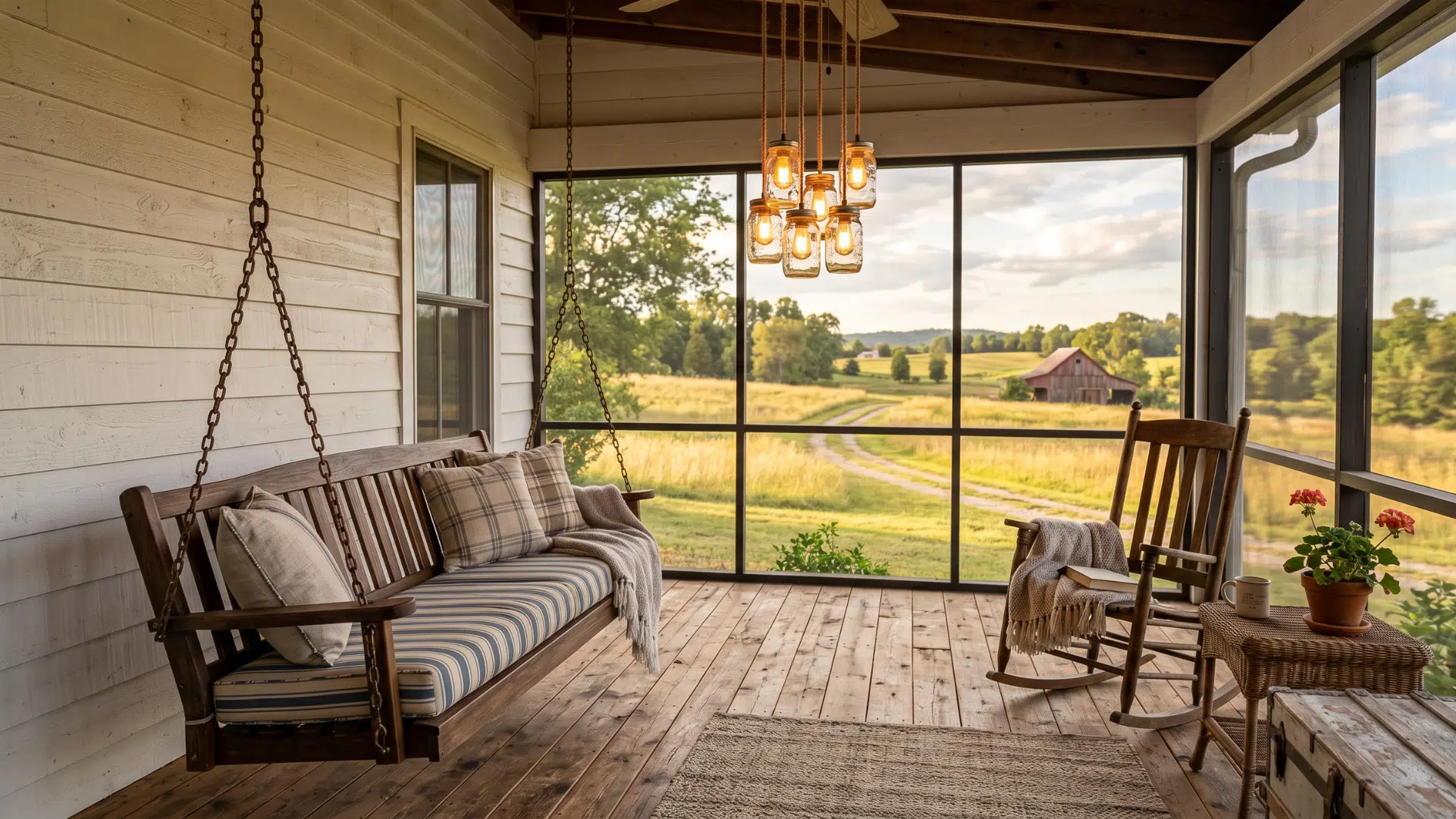 shiplap walls, a porch swing, and mason jar lights give this style a relaxed country charm