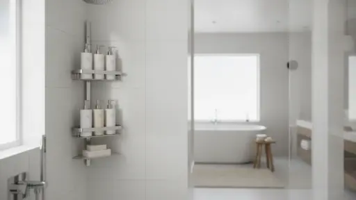 Shower room with stainless steel caddy holding toiletries in modern bathroom setting