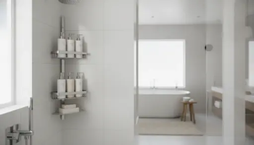Shower room with stainless steel caddy holding toiletries in modern bathroom setting
