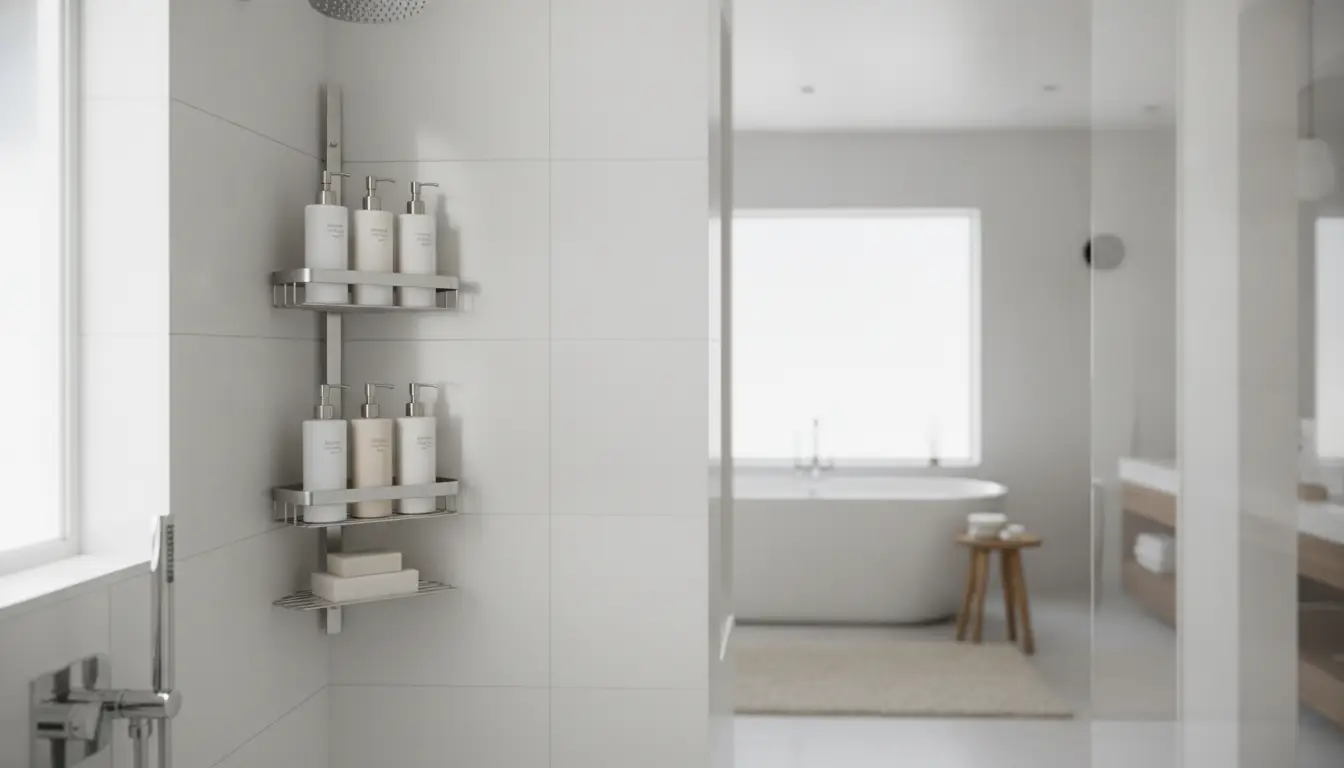 Shower room with stainless steel caddy holding toiletries in modern bathroom setting