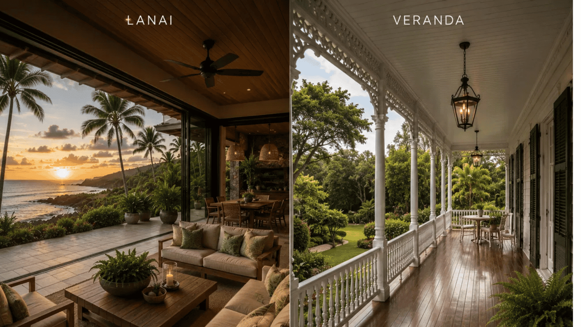 Side by side comparison of a tropical lanai at sunset and a formal veranda with ornate white columns