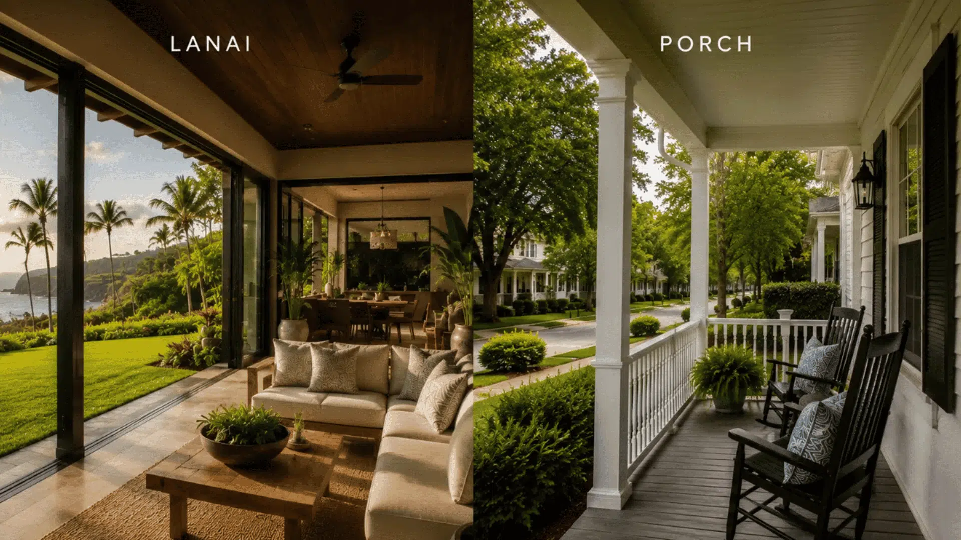 Side by side comparison of a tropical lanai with ocean views and a classic porch with rocking chairs