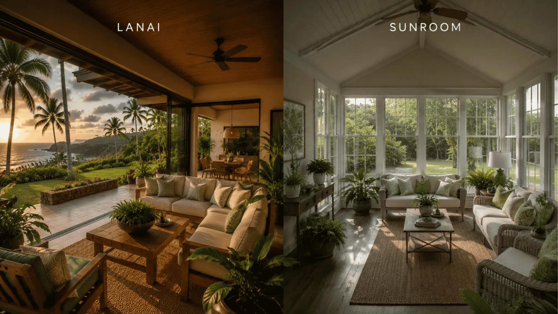 Side by side comparison of an open lanai with sunset ocean views and an enclosed sunroom with garden views