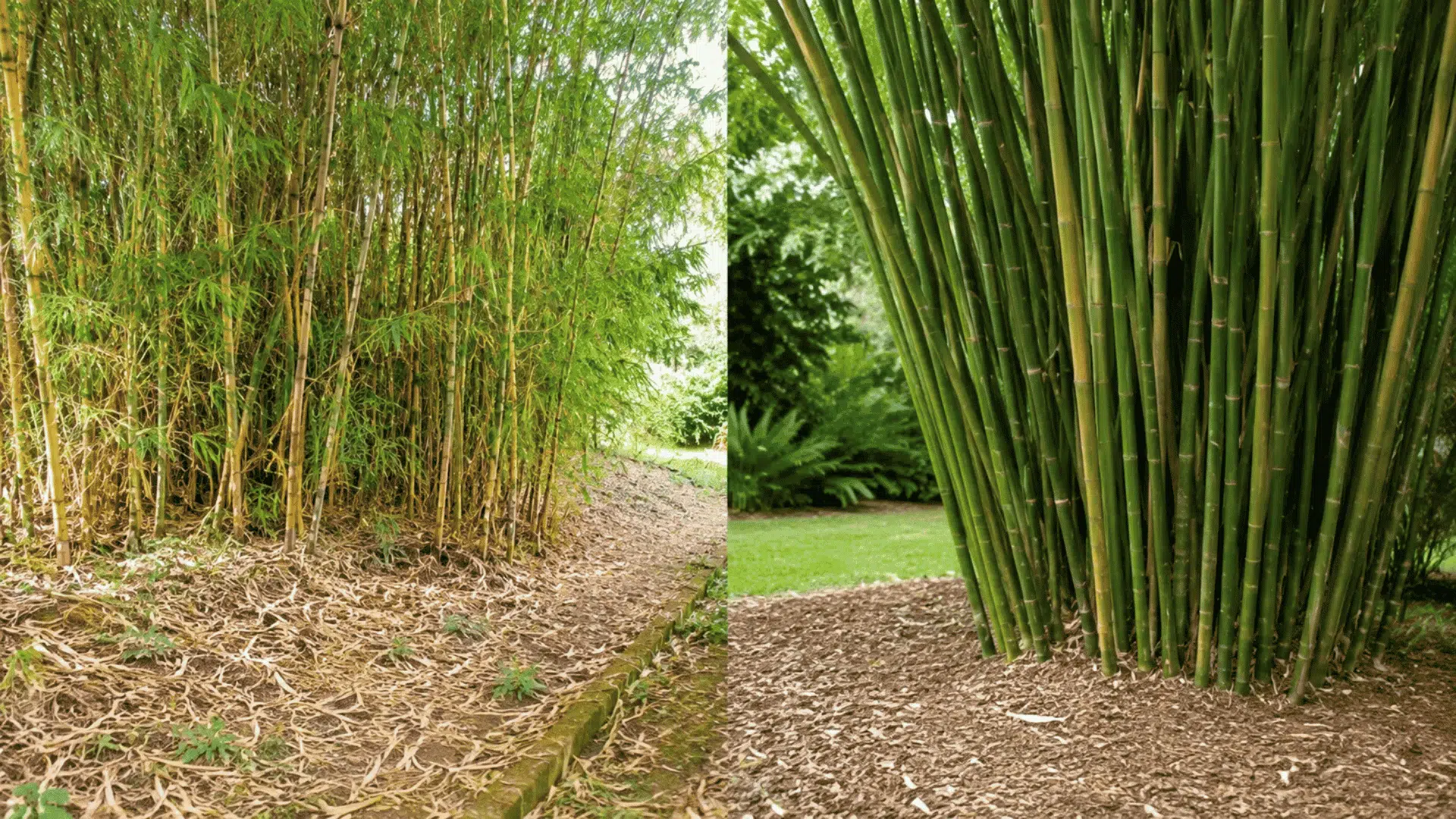 side by side comparison of running bamboo and clumping bamboo growth habits in a garden