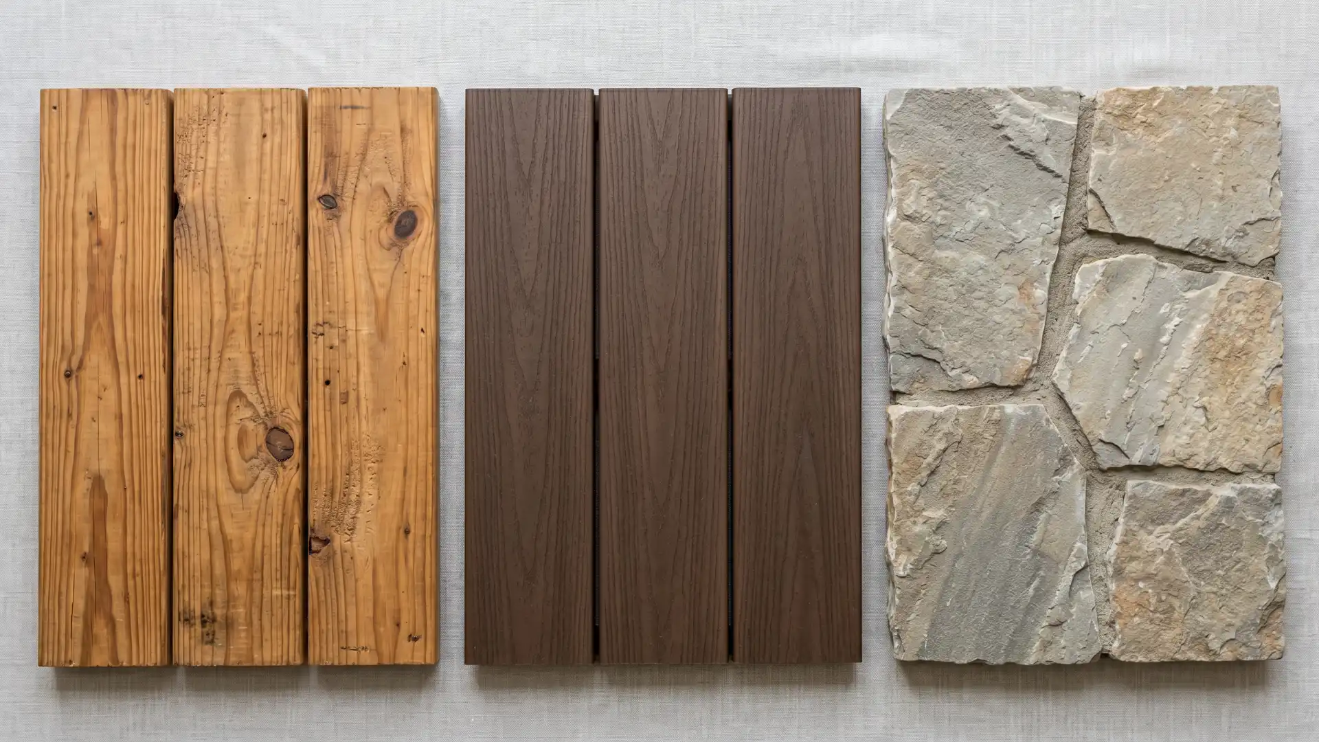 side-by-side comparison of wood, composite, and stone decking materials
