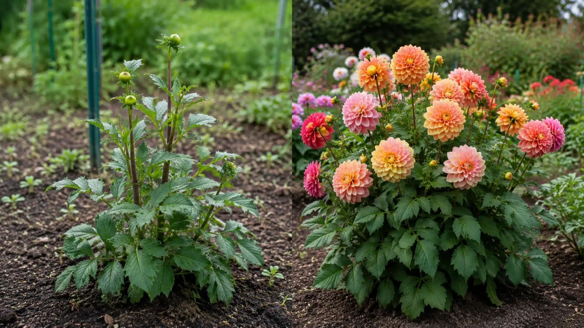 side-by-side dahlia plant growth comparison showing a young green plant on the left and fully blooming colorful dahlias on the right in a natural garden setting