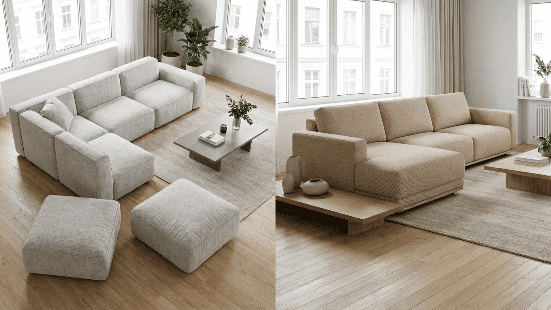 side by side view of modern sectional sofas in bright living rooms with wooden floors large windows and coffee tables