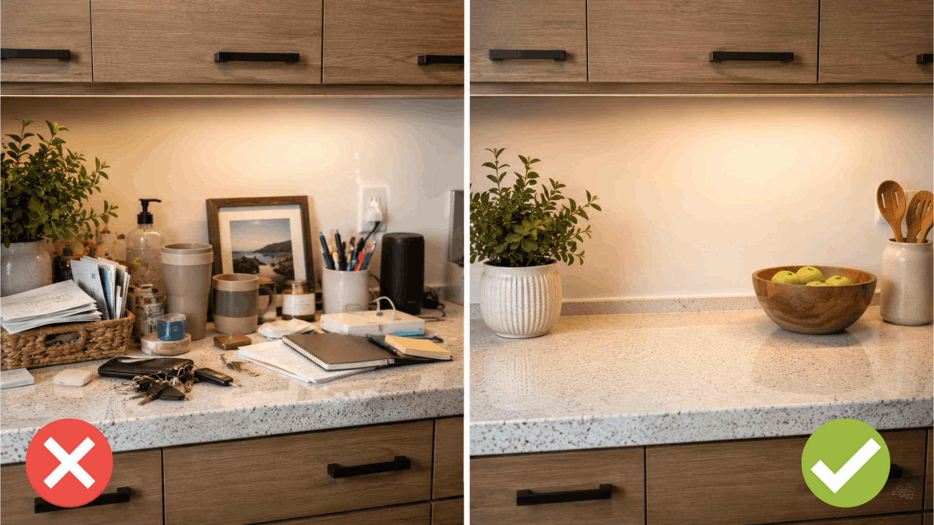 side by side comparison of cluttered and organized kitchen countertops showing improved cleanliness storage and decor arrangement