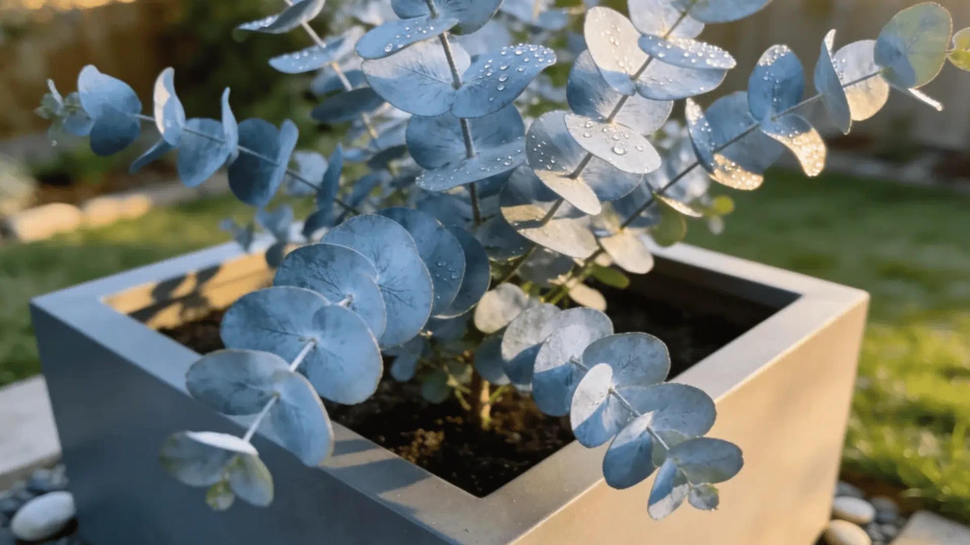 silver eucalyptus leaves with water drops growing in a square planter outdoors