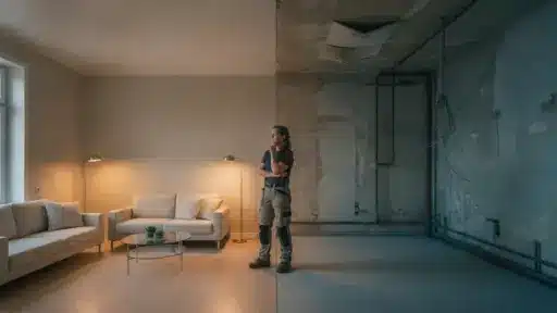 Person contemplating in room with modern furniture and exposed unfinished wall in warm lighting