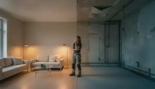 Person contemplating in room with modern furniture and exposed unfinished wall in warm lighting