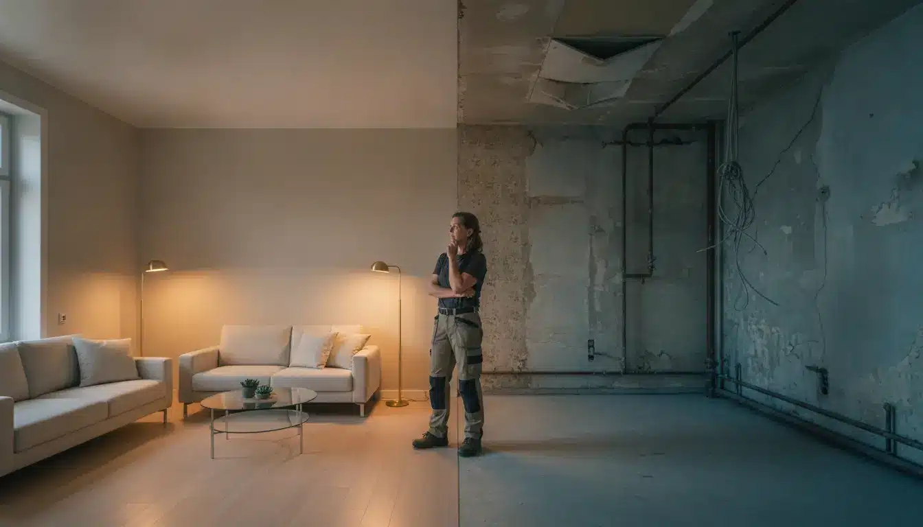 Person contemplating in room with modern furniture and exposed unfinished wall in warm lighting
