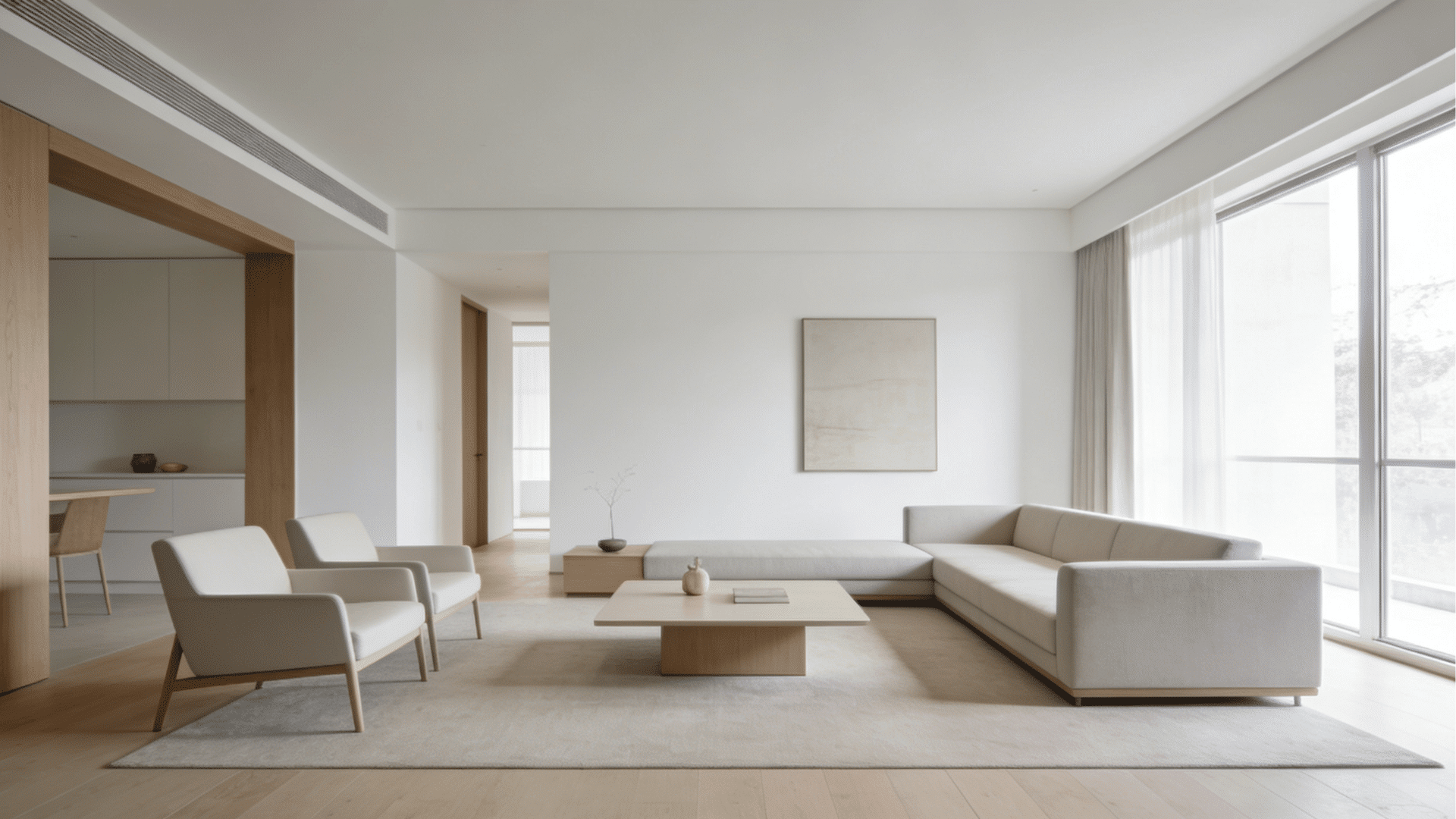 simple minimalist drawing room with neutral palette minimal furniture open space and soft natural lighting