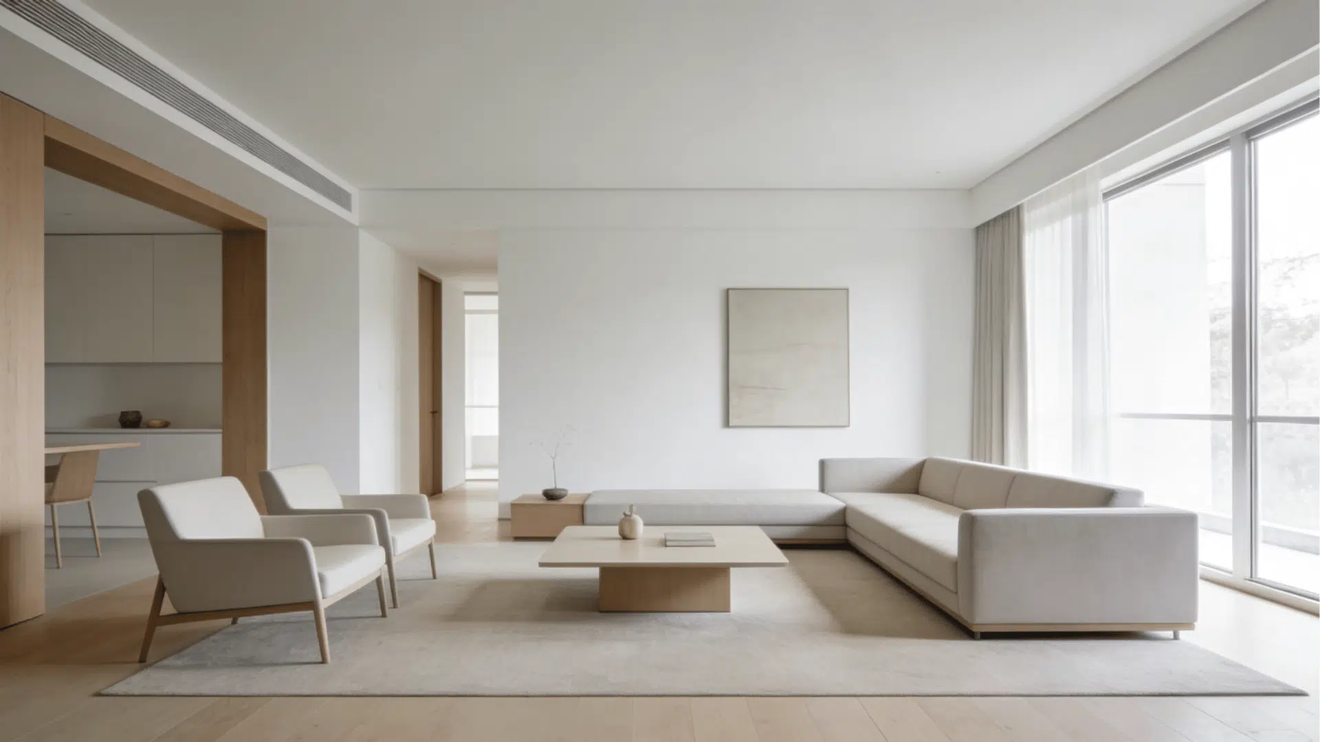simple minimalist drawing room with neutral palette minimal furniture open space and soft natural lighting