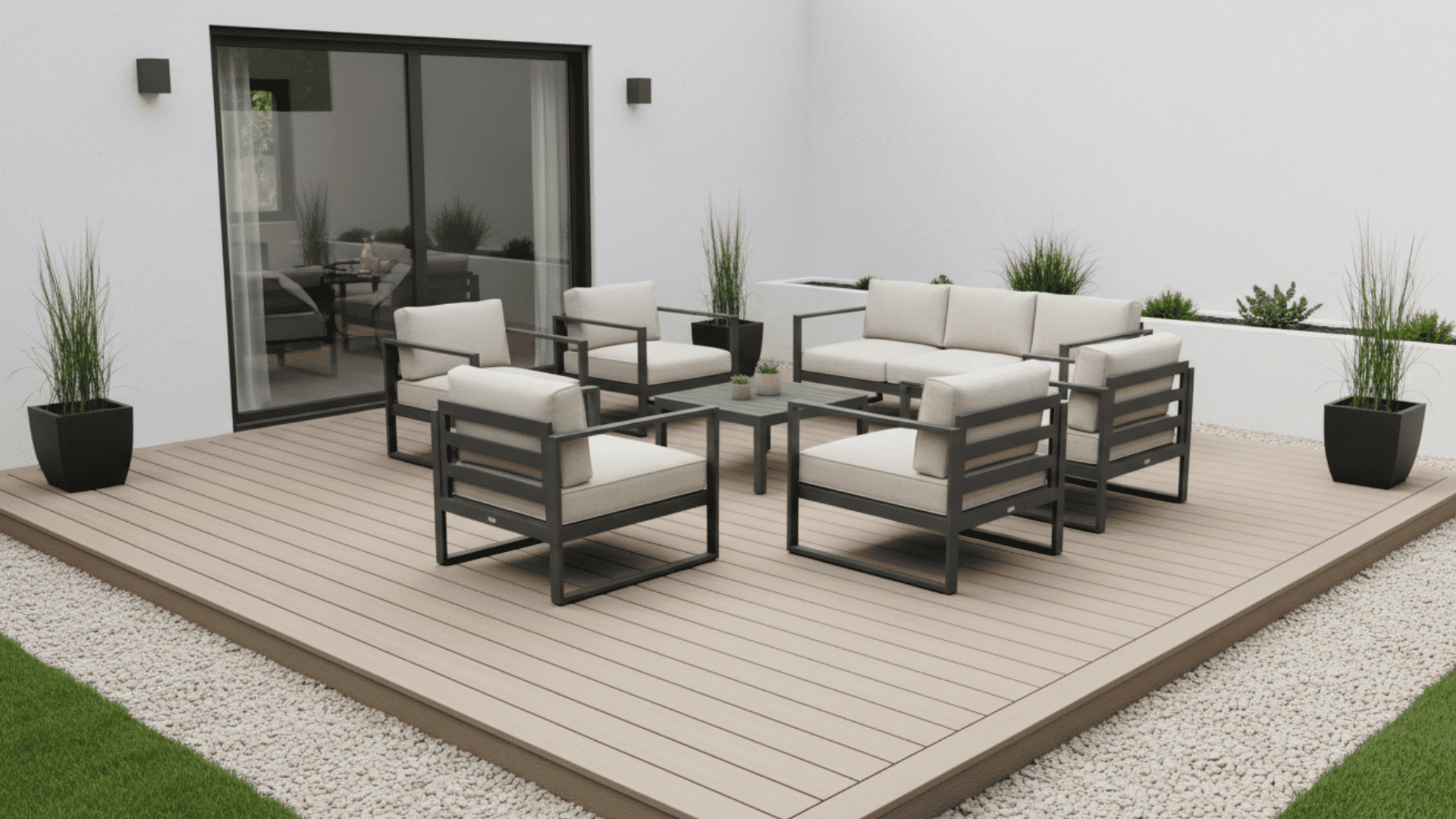 simple square composite deck layout with balanced outdoor furniture arrangement