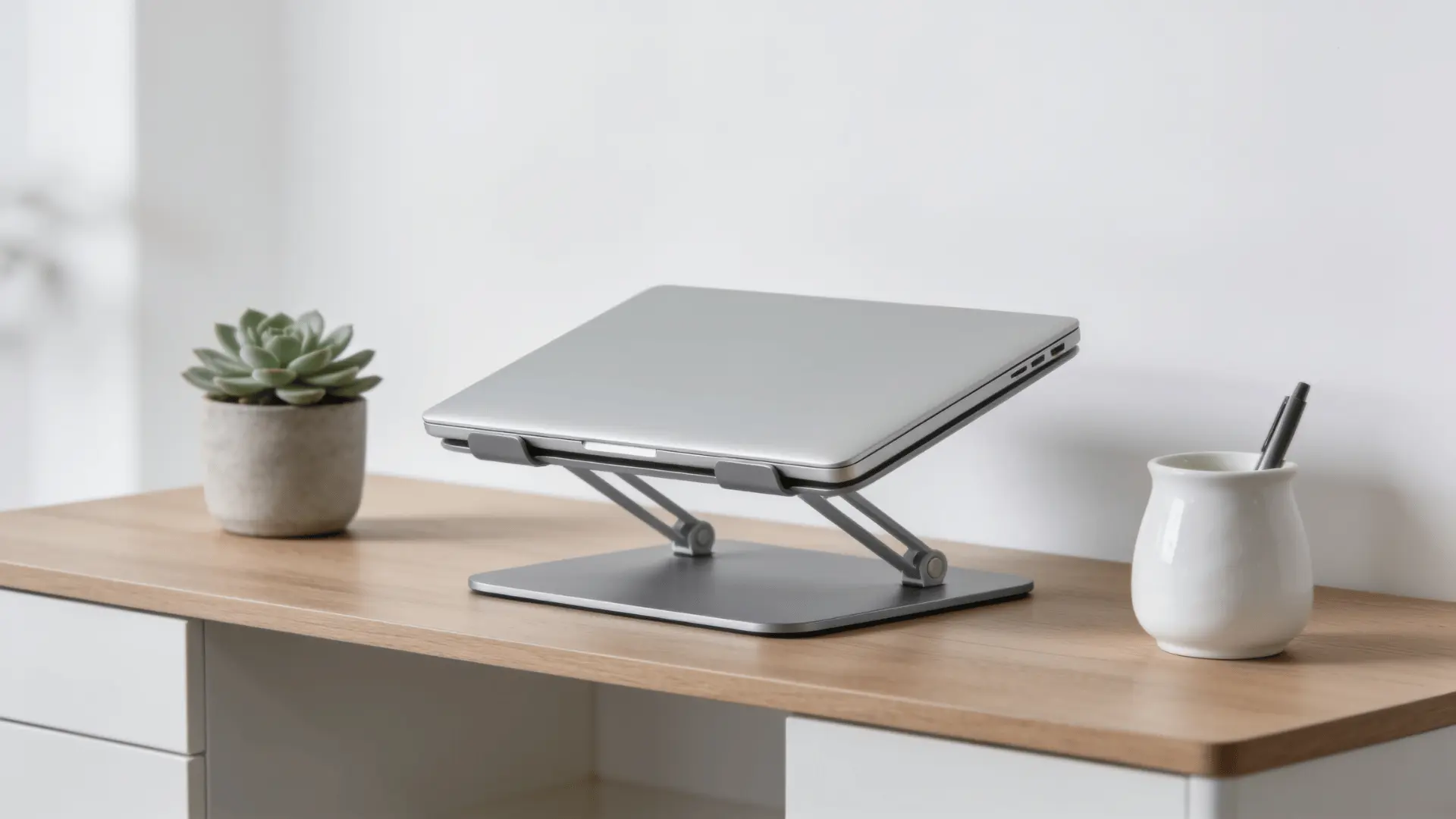 compact single tier desk riser holding a sleek modern laptop placed on a small home desk with minimalist decor around it