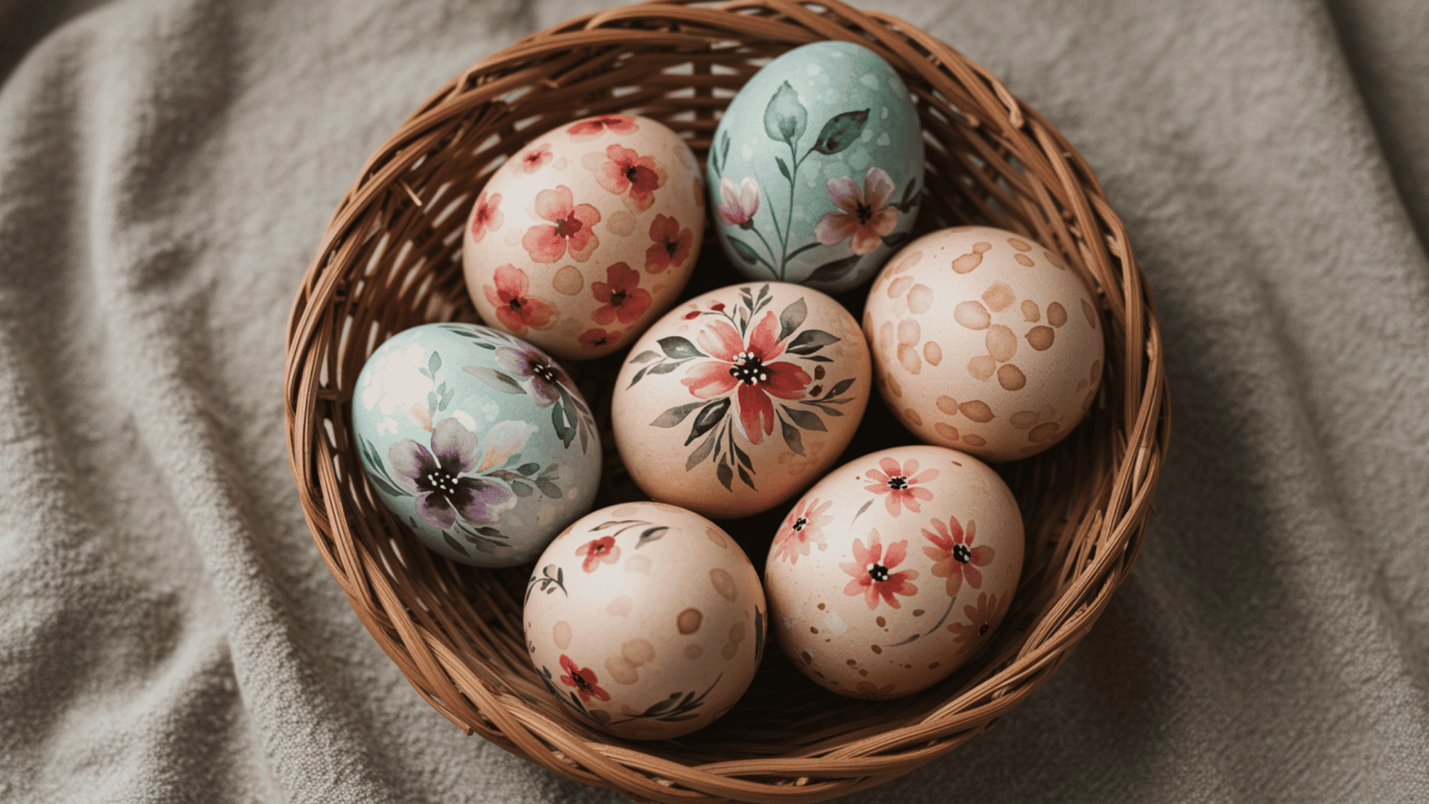 six hand-painted wooden eggs nestled in a woven basket on a linen cloth