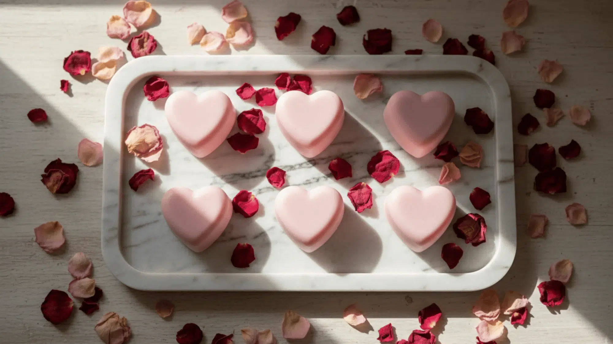 six pink heart-shaped soaps on a marble tray with scattered dried rose petals