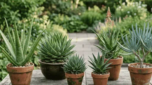 six potted succulents and aloe plants on a weathered wooden table in a lush green garden with a stone path