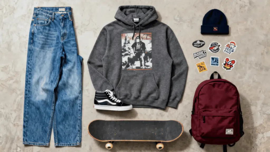 skater aesthetic featuring loose jeans hoodie skate shoes backpack and relaxed street style clothing