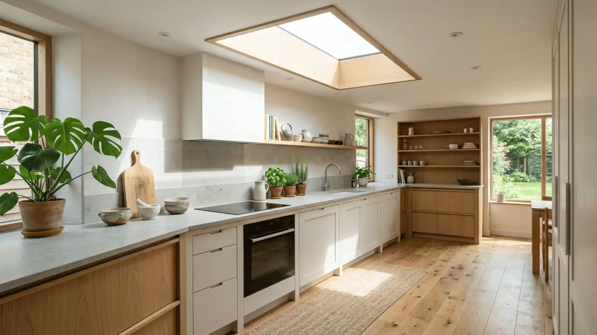 bright kitchen with skylight white cabinets wood floors potted herbs monstera plant and garden view through large windows