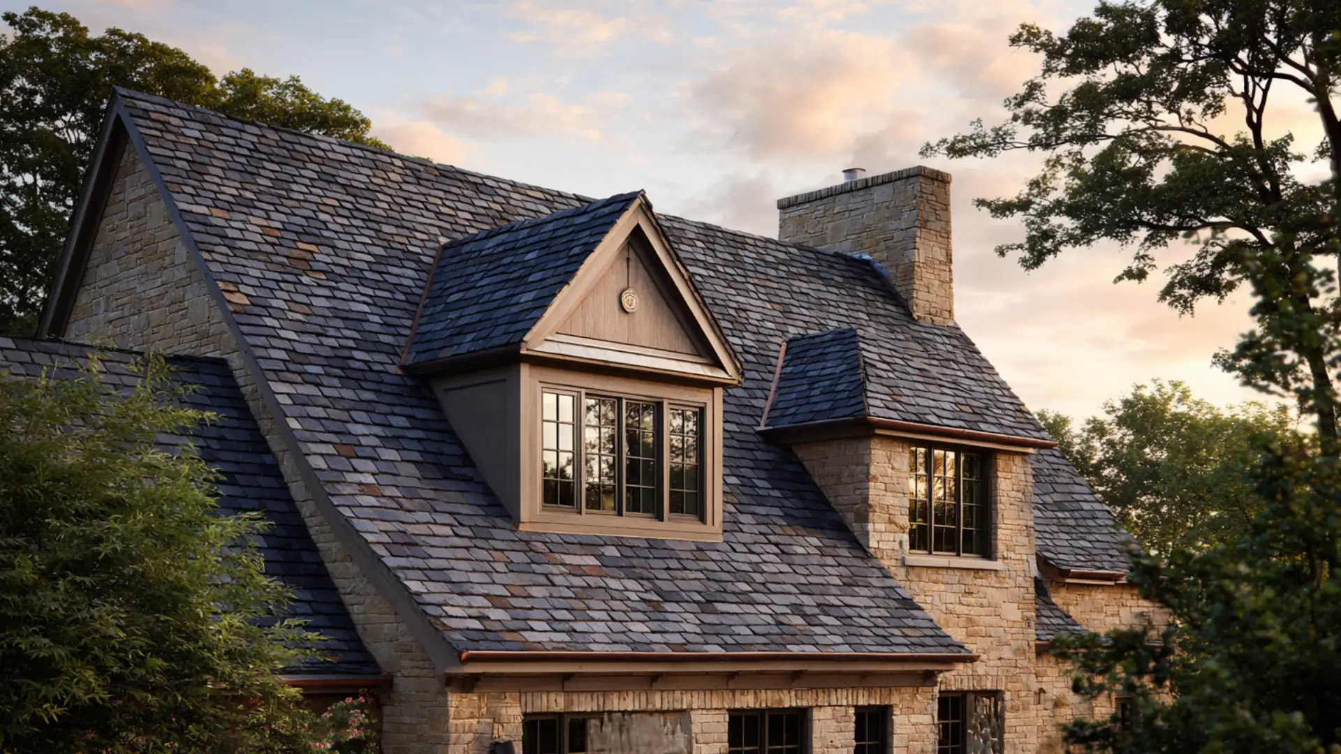 large stone house with natural slate roof featuring dormer window and stone chimney at dusk