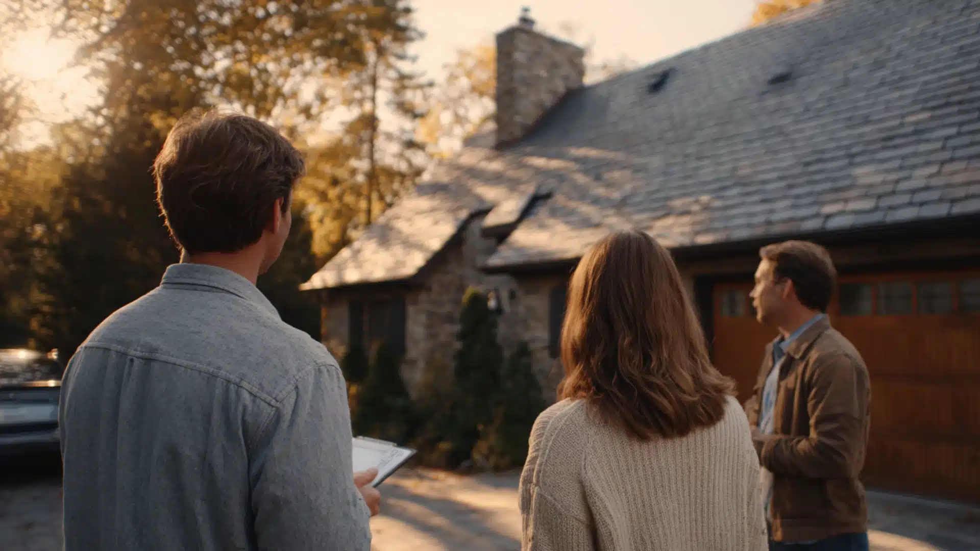 homeowners discussingslate roof repair cost with contractor outside house at sunset