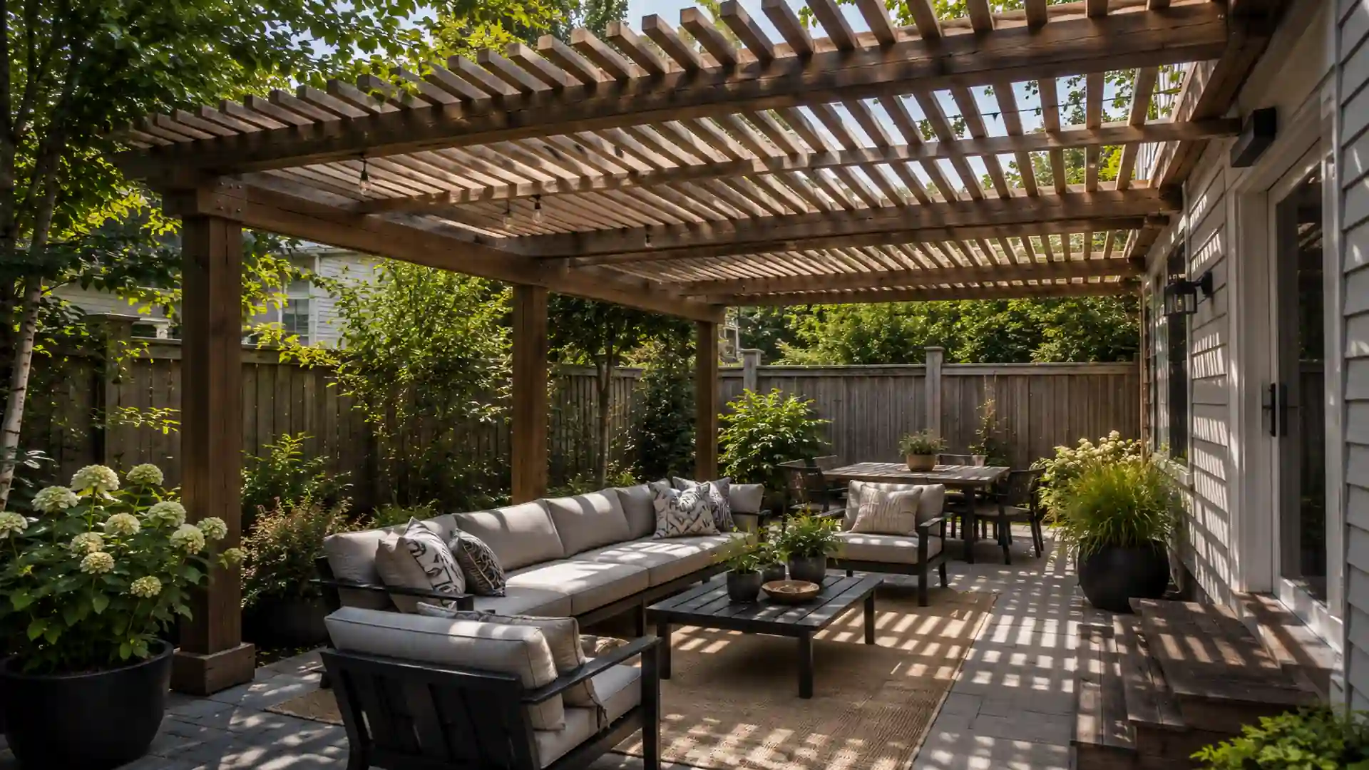 backyard pergola with slatted wood roof, filtered sunlight, shaded seating, and modern suburban patio design