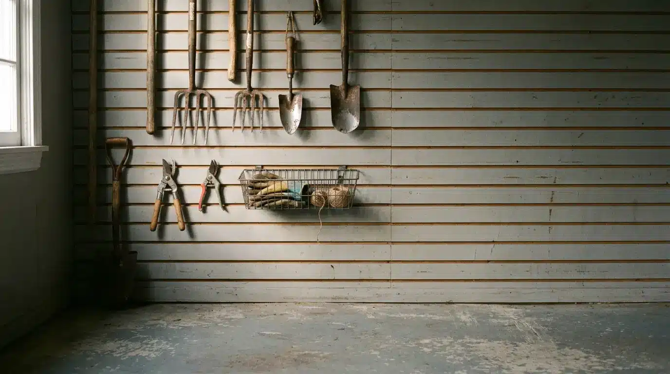 Garden tools hanging on slatted wall in dimly lit garage with concrete floor