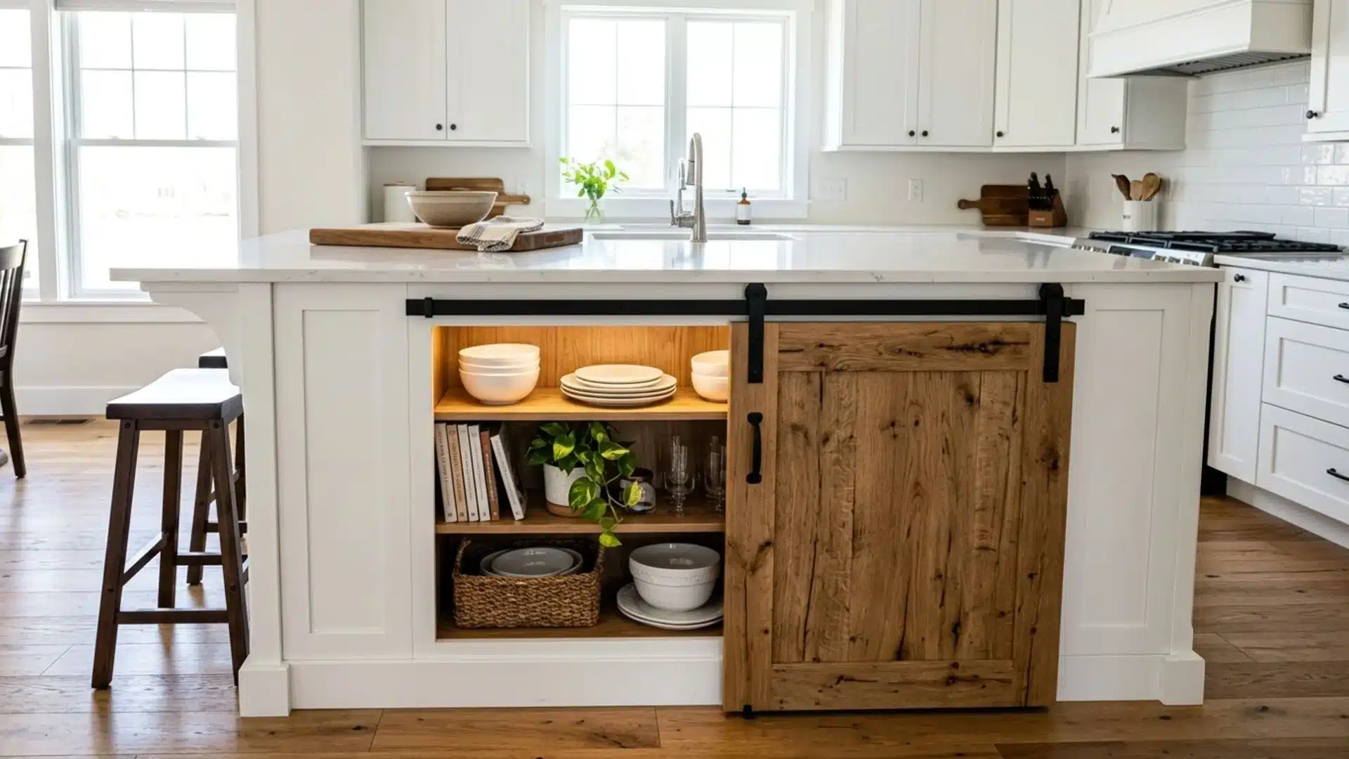 rustic wood sliding barn door on black track revealing lit open shelving inside white kitchen island