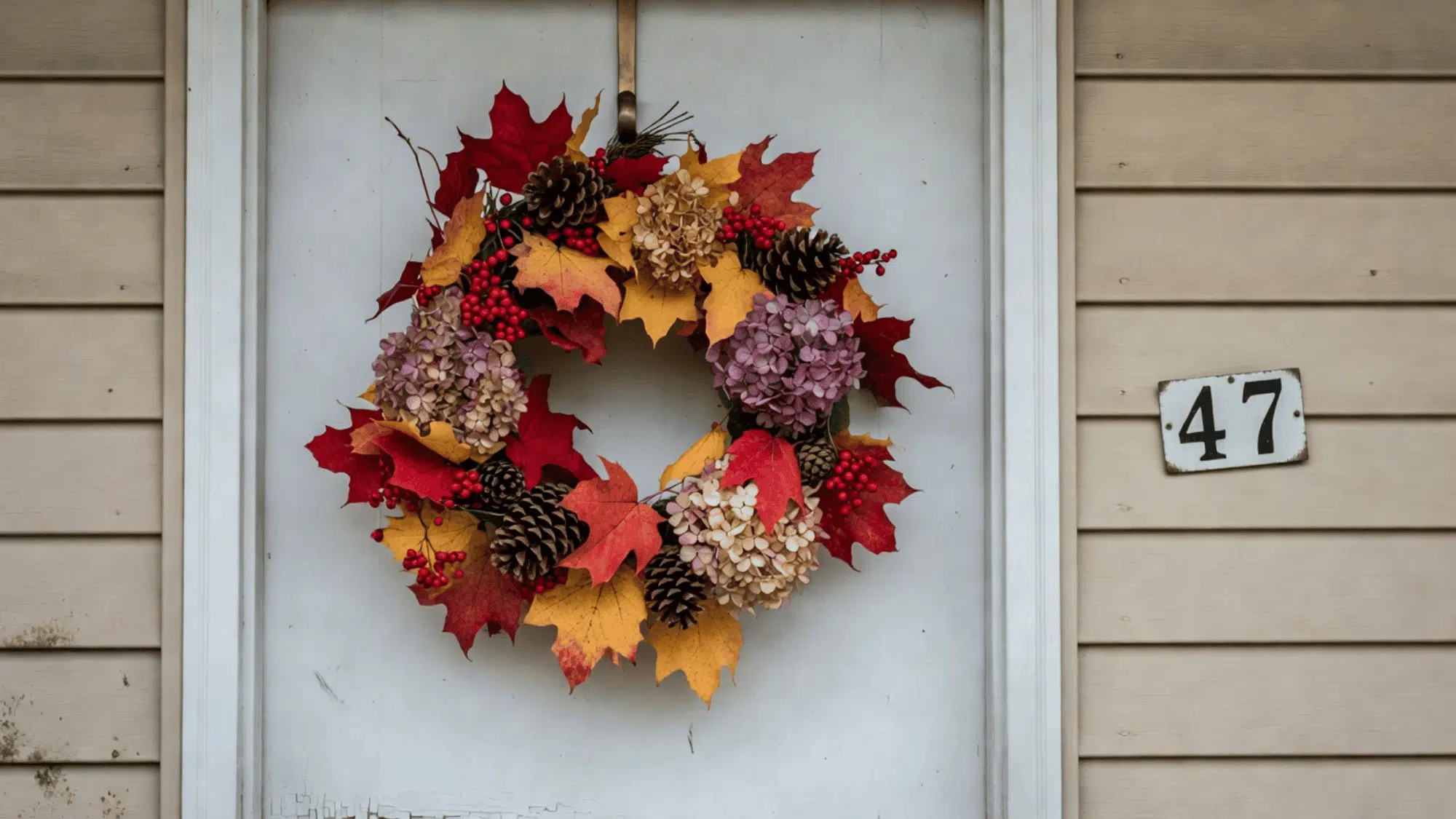 slightly asymmetrical seasonal floral wreath hanging on a front door showing subtle wear in flat daytime lighting