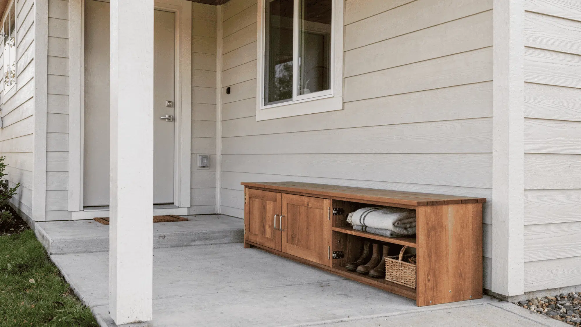 slim wooden bench with built in storage placed against a narrow home porch wall