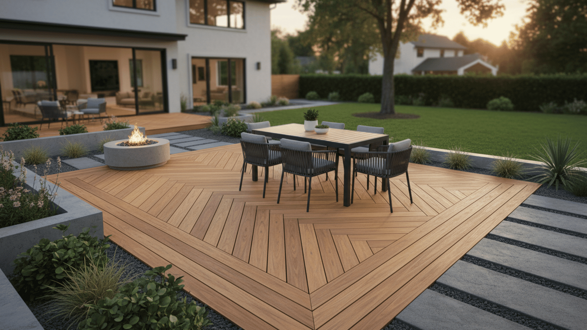 small backyard composite deck with herringbone board pattern and cozy dining setup