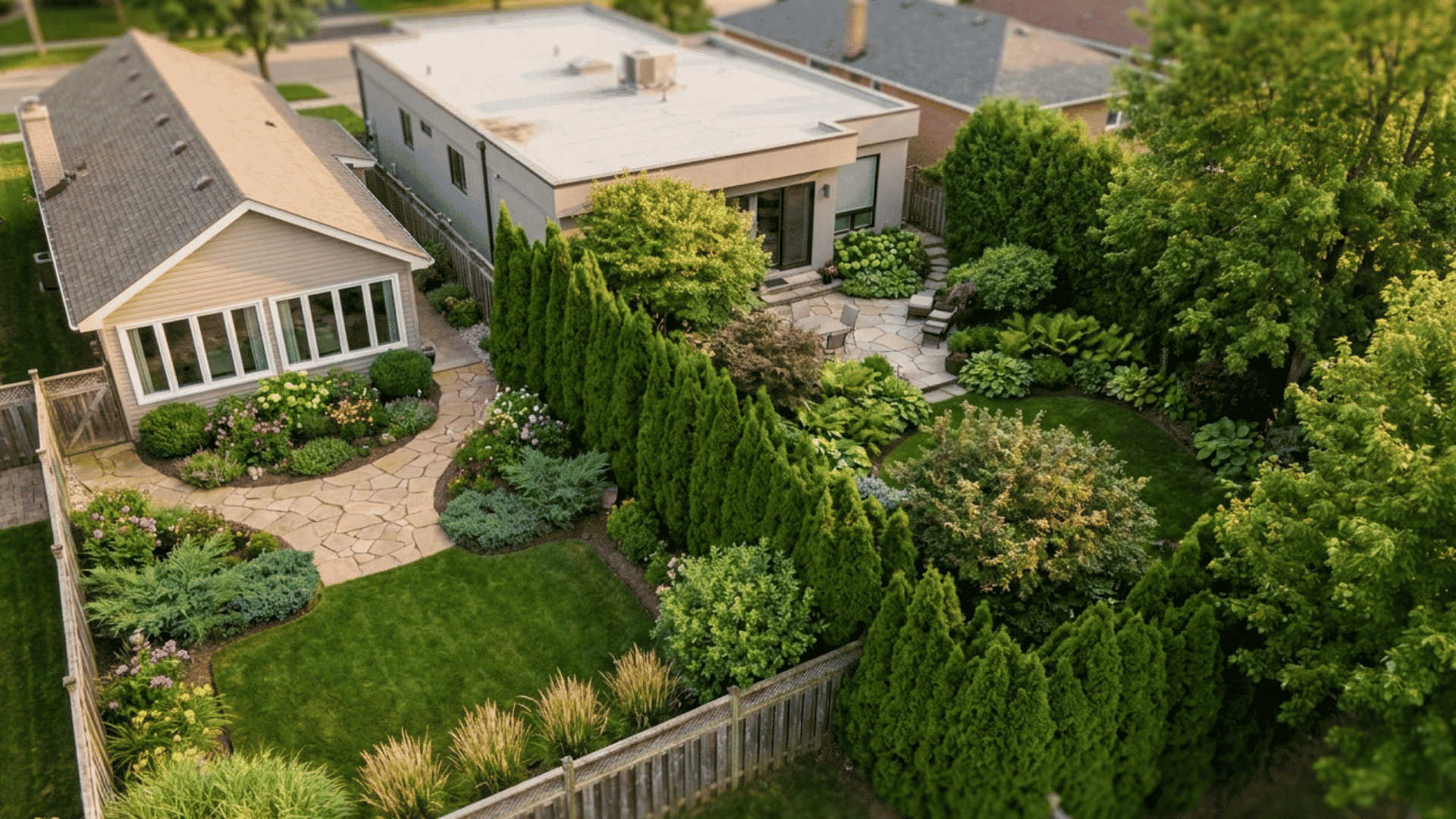 small backyard with balanced shrubs and compact plants beside sunny stone walkway