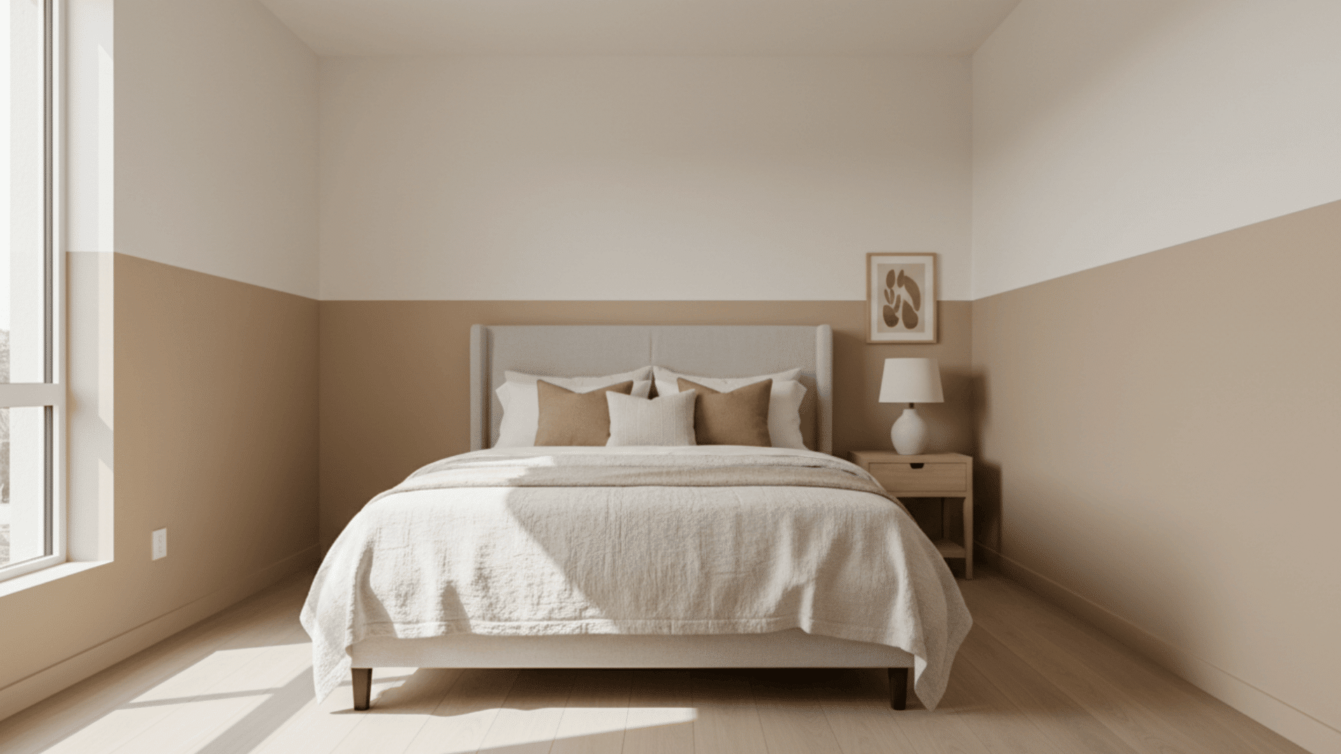 small bedroom with beige and white two tone walls cozy decor and natural daylight