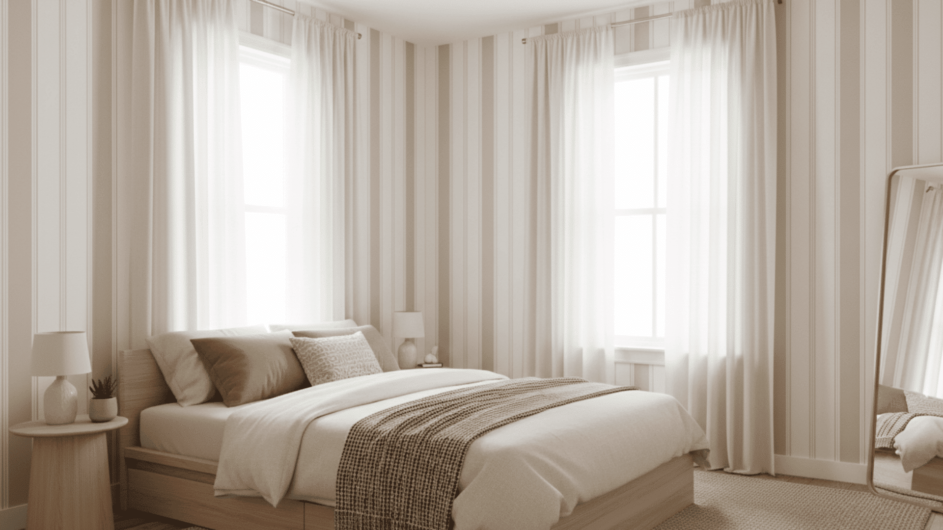 small bedroom with vertical striped walls beige tones and bright airy modern decor