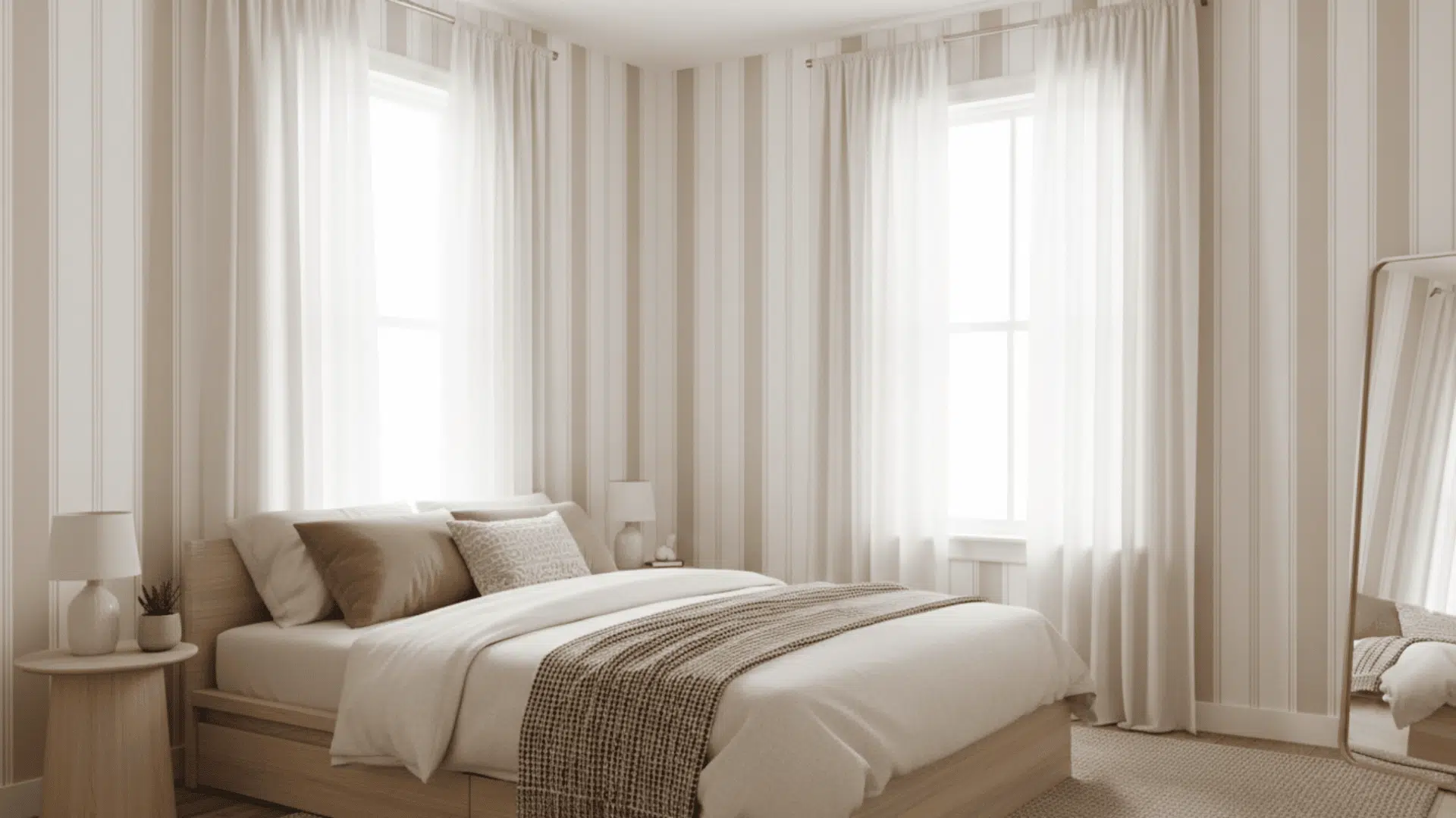 small bedroom with vertical striped walls beige tones and bright airy modern decor