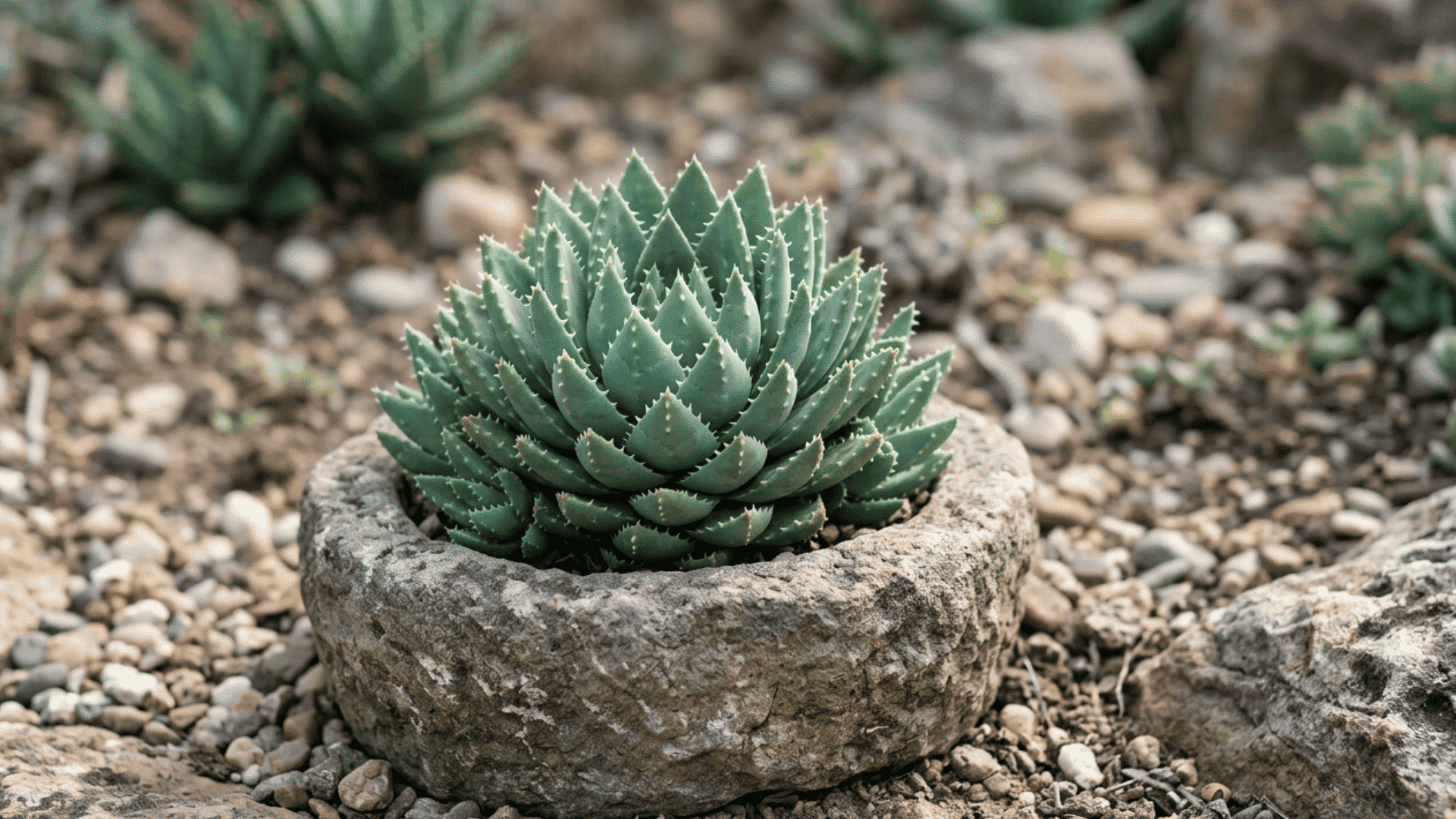 small blue green succulent growing inside a rough stone planter surrounded by pebbles and blurred garden plants