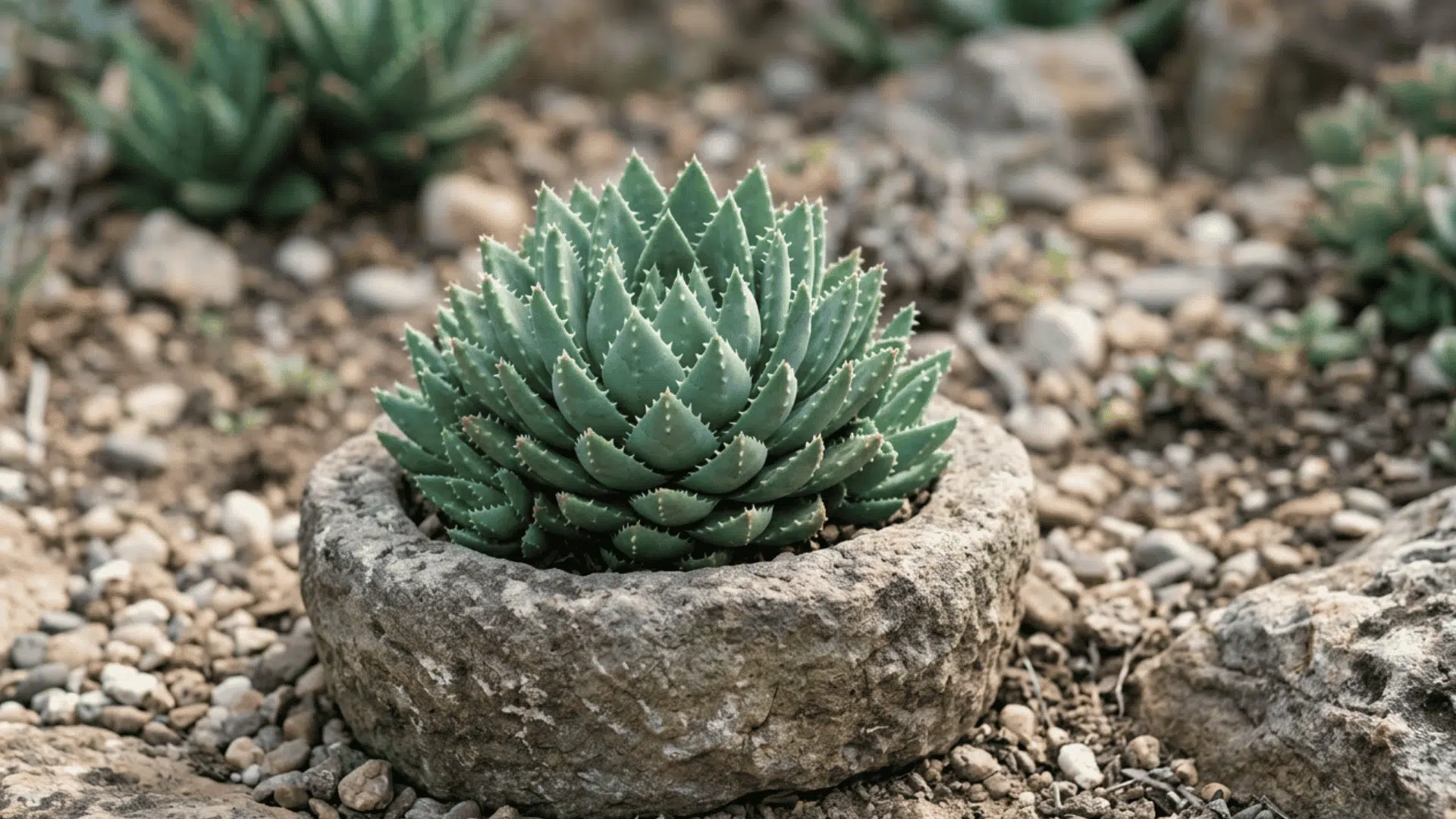 small blue green succulent growing inside a rough stone planter surrounded by pebbles and blurred garden plants